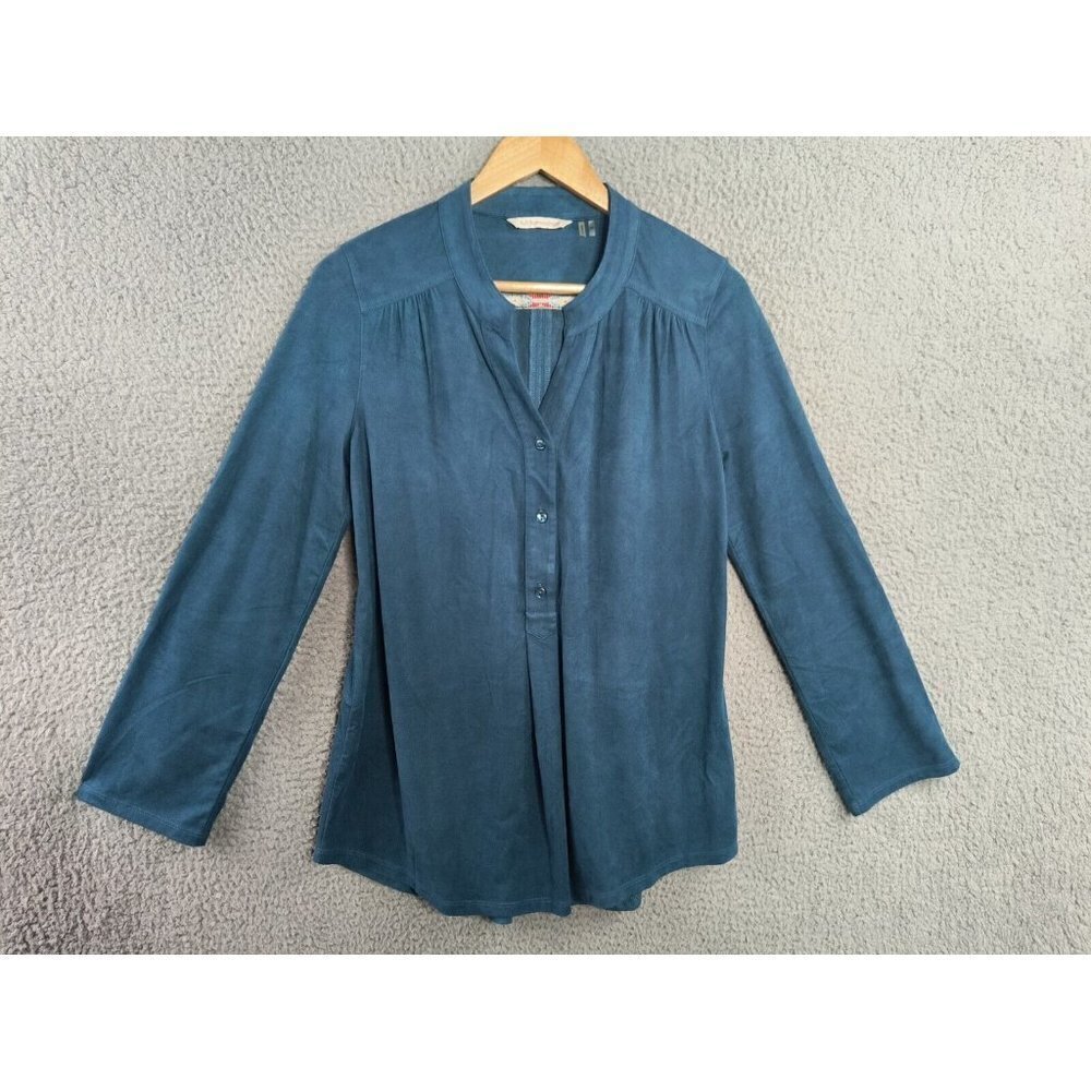 Soft Surroundings Blue Faux Suede XS Pullover Button Tunic Roll‎ Tab Sleeve